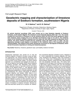 Geoelectric Mapping and Characterization of Limestone Deposits of Ewekoro Formation, Southwestern Nigeria
