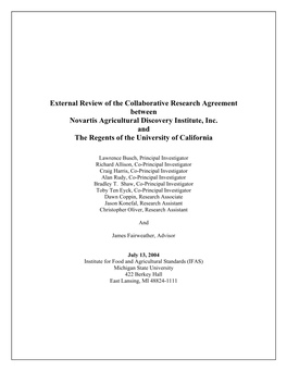 External Review of the Collaborative Research Agreement Between Novartis Agricultural Discovery Institute, Inc