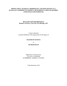 Hippocampal Neuronal Morphology and Spine Density in a Seasonally Reproducing Rodent, Richardson’S Ground Squirrel (Urocitellus Richardsonii)