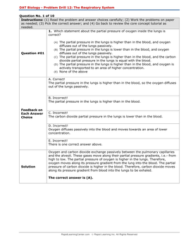 DAT Biology - Problem Drill 12: the Respiratory System