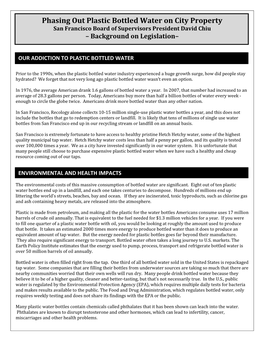 Phasing out Plastic Bottled Water on City Property San Francisco Board of Supervisors President David Chiu – Background on Legislation–