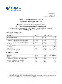 China Telecom Corporation Limited Announces Results for Year 2020