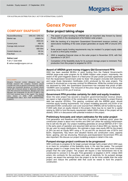 Genex Power COMPANY SNAPSHOT Solar Project Taking Shape