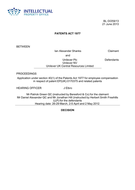 Patent Inter Parte Decision (O/259/13)