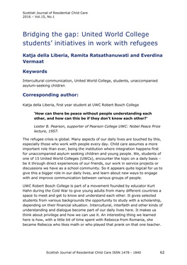 Bridging the Gap: United World College Students' Initiatives in Work with Refugees