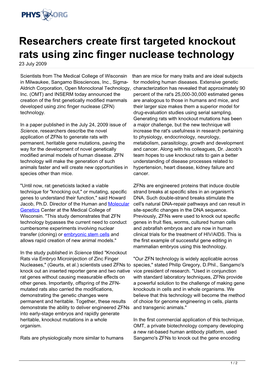 Researchers Create First Targeted Knockout Rats Using Zinc Finger Nuclease Technology 23 July 2009