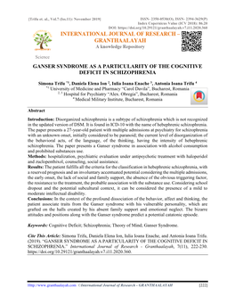 Ganser Syndrome As a Particularity of the Cognitive Deficit in Schizophrenia