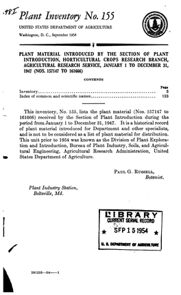 Plant Inventory No. 155 UNITED STATES DEPARTMENT of AGRICULTURE