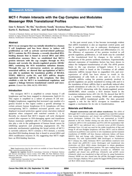 MCT-1 Protein Interacts with the Cap Complex and Modulates Messenger RNA Translational Profiles Line S