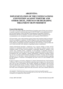 Argentina Implementation of the United Nations Convention Against Torture and Other Cruel, Inhuman Or Degrading Treatment Or Punishment