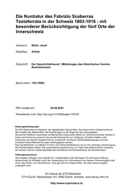 Die Nuntiatur Des Fabrizio Sceberras Testaferrata in Der Schweiz 1803-1816 : Mit Besonderer Berücksichtigung Der Fünf Orte Der Innerschweiz