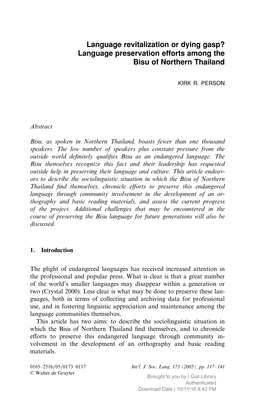 Language Revitalization Or Dying Gasp? Language Preservation Efforts Among the Bisu of Northern Thailand