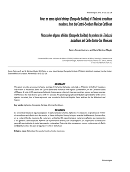Notes on Some Alpheid Shrimps (Decapoda: Caridea) of Thalassia Testudinum Meadows, from the Central-Southern Mexican Caribbean