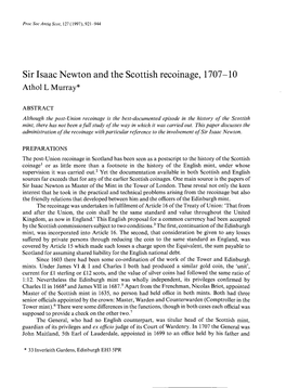 Sir Isaac Newton and the Scottish Recoinage, 1707-10 Atho Murrayll *