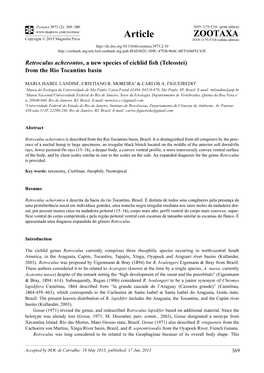 Retroculus Acherontos, a New Species of Cichlid Fish (Teleostei) from the Rio Tocantins Basin