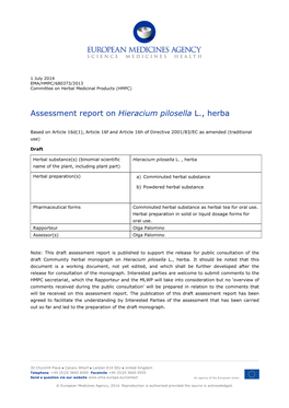 Assessment Report on Hieracium Pilosella L., Herba