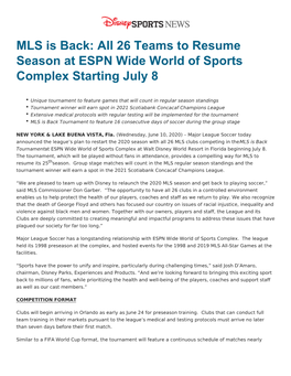 MLS Is Back: All 26 Teams to Resume Season at ESPN Wide World of Sports Complex Starting July 8