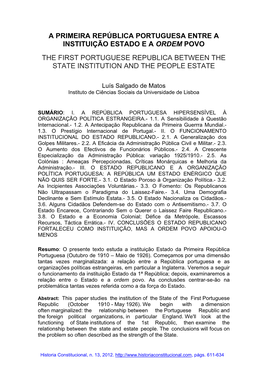 A Primeira República Portuguesa Entre a Instituição Estado E a Ordem Povo the First Portuguese Republica Between the State Institution and the People Estate