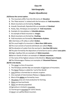 Class-VII Sub-Geography Chapter-4(Landforms) (A) Choose the Correct Option