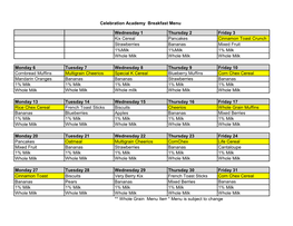 Wednesday 1 Thursday 2 Friday 3 Kix Cereal Pancakes Cinnamon Toast Crunch Strawberries Bananas Mixed Fruit 1%Milk 1%Milk 1% Milk Whole Milk Whole Milk Whole Milk
