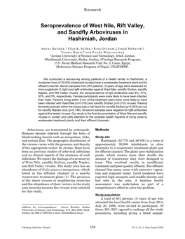 Seroprevalence of West Nile, Rift Valley, and Sandfly Arboviruses in Hashimiah, Jordan