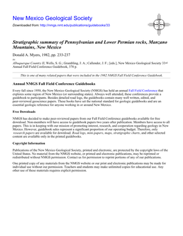 Stratigraphic Summary of Pennsylvanian and Lower Permian Rocks, Manzano Mountains, New Mexico Donald A