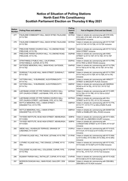 Notice of Situation of Polling Stations North East Fife Constituency Scottish Parliament Election on Thursday 6 May 2021