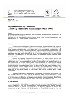 Implementation by Armenia of Assembly Resolutions 1609 (2008) and 1620 (2008)