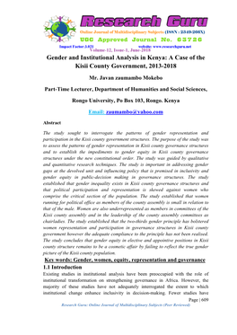 Gender and Institutional Analysis in Kenya: a Case of the Kisii County Government, 2013-2018