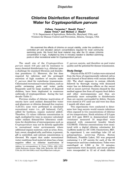 Chlorine Disinfection of Recreational Water for Cryptosporidium Parvum