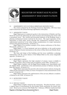 Register of Heritage Places- Assessment Documentation