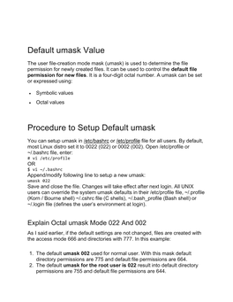 Umask Value Procedure to Setup Default Umask