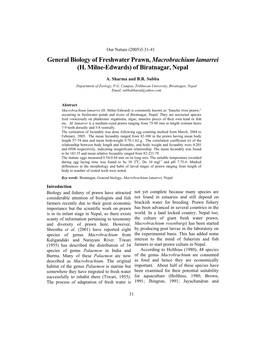 General Biology of Freshwater Prawn, Macrobrachium Lamarrei (H