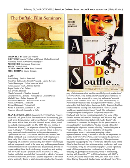 February 26, 2019 (XXXVIII:5) Jean-Luc Godard: BREATHLESS/À BOUT DE SOUFFLE (1960, 90 Min.)
