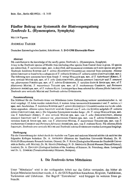 Fünfter Beitrag Zur Systematik Der Blattwespengattung Tenthredo L. (Hymenoptera, Symphyta)