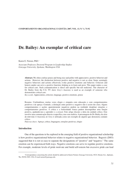 Dr. Bailey: an Exemplar of Critical Care