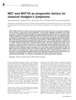 MET and MST1R As Prognostic Factors for Classical Hodgkin&Rsquo