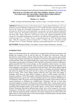 BIOLOGICAL STUDIES OON the TRUE SPIDER, ARTEMA ATLANTA WALCKENAER, 1837 (ARANEIDA: PHOLCIDAE) WHEN FED on DIFFERENT PREY SPECIES Hesham