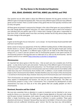 Six Key Genes in the Ectodermal Dysplasias EDA, EDAR, EDARADD, WNT10A, IKBKG (Aka NEMO) and TP63