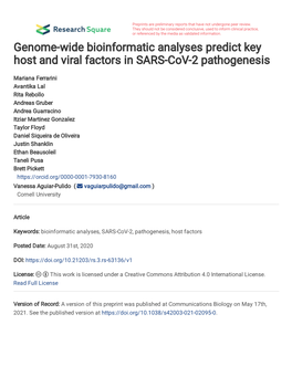 Genome-Wide Bioinformatic Analyses Predict Key Host and Viral Factors in SARS-Cov-2 Pathogenesis