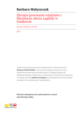 Barbara Małyszczak Zbrojne Powstanie Więźniów I Likwidacja Obozu Zagłady W Sobiborze