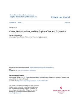Coase, Institutionalism, and the Origins of Law and Economics