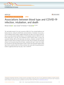 Associations Between Blood Type and COVID-19 Infection, Intubation, and Death ✉ Michael Zietz 1, Jason Zucker2 & Nicholas P