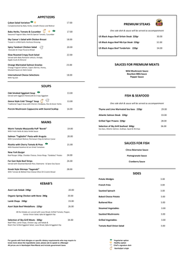 Sky Grill a La Carte Menu