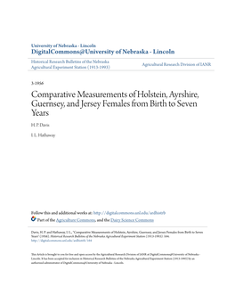 Comparative Measurements of Holstein, Ayrshire, Guernsey, and Jersey Females from Birth to Seven Years H