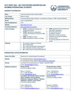 Fact Sheet 2020 – 2021 for Partner Universities and Incoming International Students