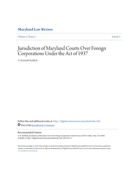 Jurisdiction of Maryland Courts Over Foreign Corporations Under the Act of 1937 G