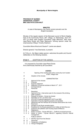 Municipality of Morin-Heights PROVINCE of QUEBEC ARGENTEUIL COUNTY MRC DES PAYS D'en-HAUT MINUTES in Case of Discrepancy