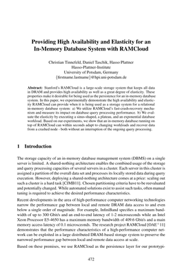 Providing High Availability and Elasticity for an In-Memory Database System with Ramcloud