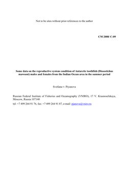 Some Data on the Reproductive System Condition of Antarctic Toothfish (Dissostichus Mawsoni) Males and Females from the Indian Ocean Area in the Summer Period